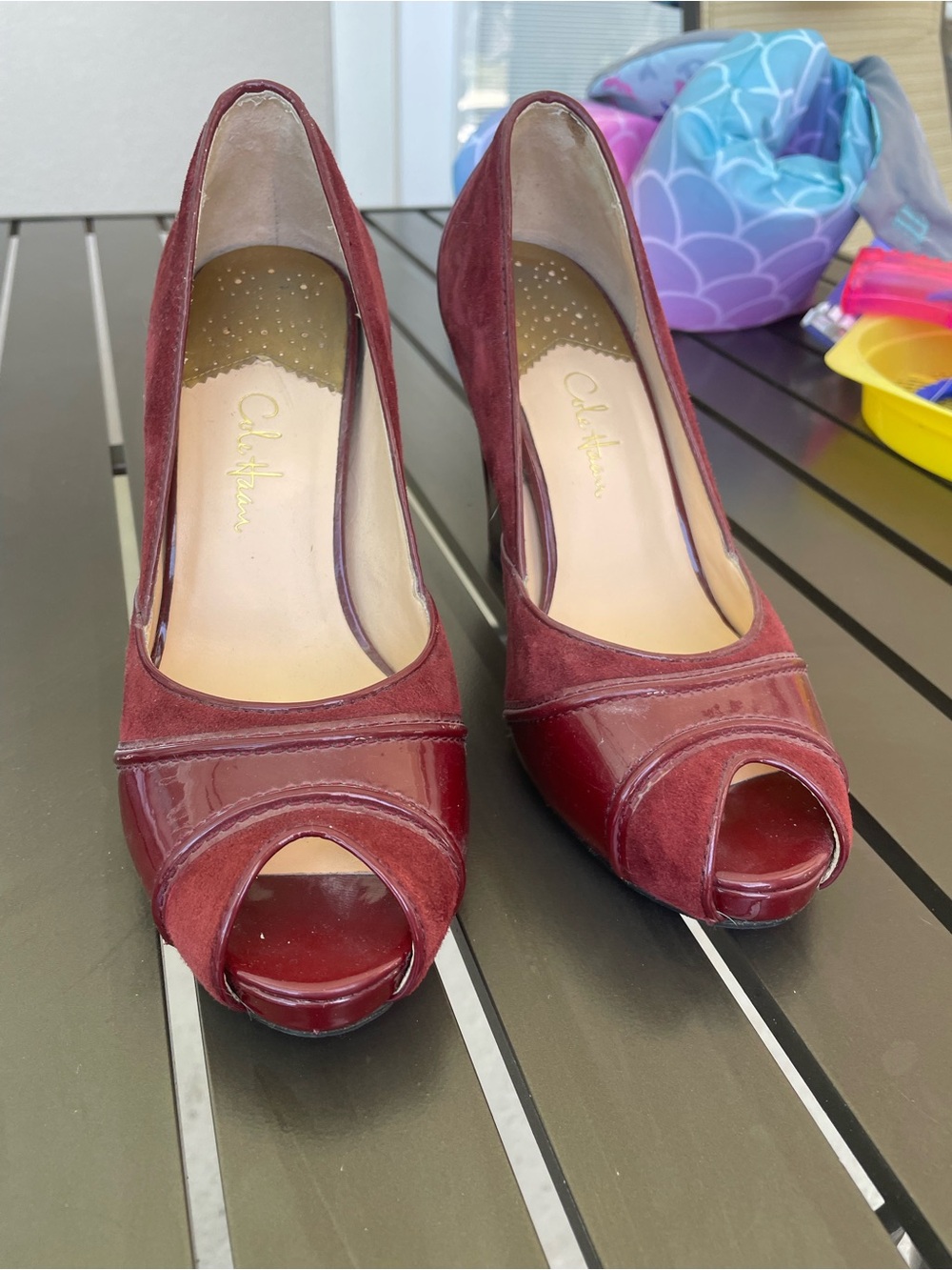 Cole Haan Burgundy Suede & Patent Peep-Toe Heels